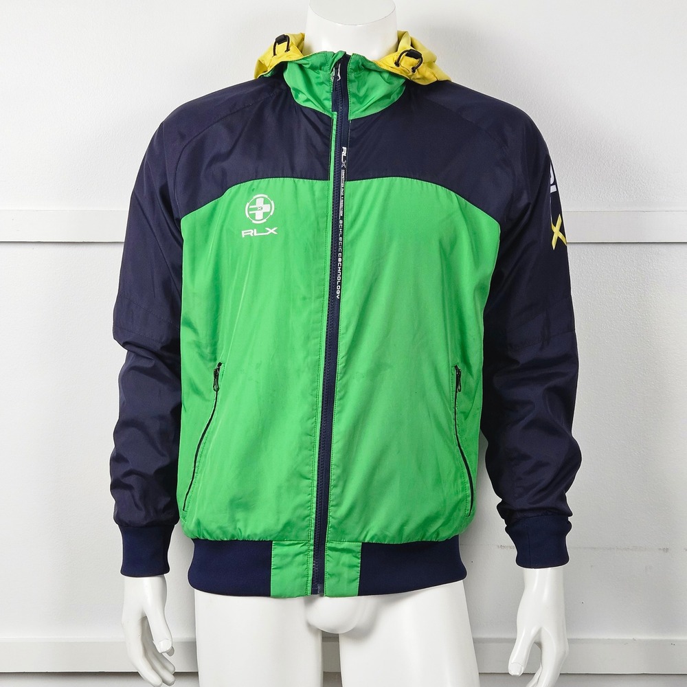 RLX Ralph Lauren Mens Lightweight Colorblock Windbreaker Jacket Green Hooded M